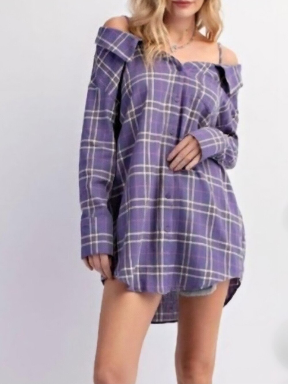 Easel Cold Shoulder Plaid Button-Front Shirt
